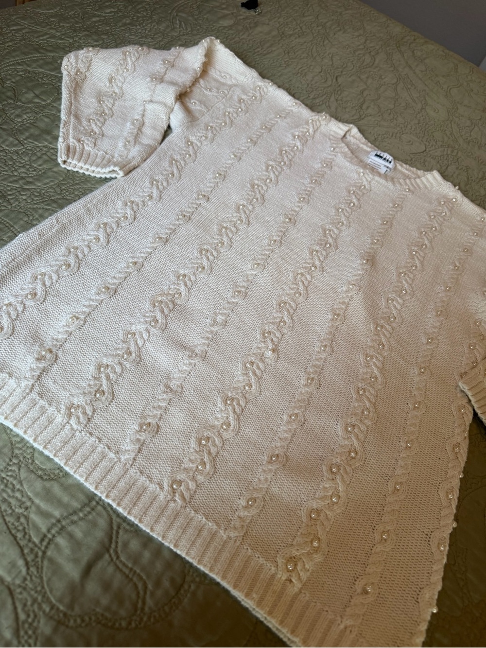 VTG 90s Leslie Fay Pearl Cable Knit Ramie Cotton Oversized Sweater Cottagecore S - Picture 8 of 15